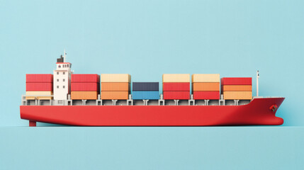 A colorful model of a container ship displayed against a light blue background, showcasing a variety of shipping containers stacked on its deck.