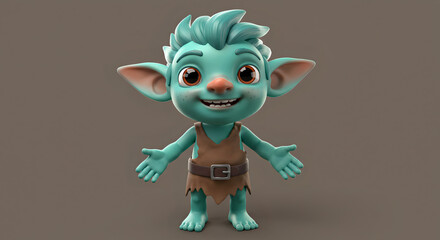 Adorable 3D cartoon goblin character with big eyes and spiky teal hair, wearing a tattered brown outfit and smiling cheerfully with open arms – fantasy creature design on dark background