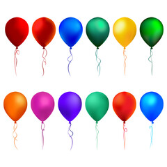 Set of colorful balloons arranged in a row on a transparent background for a birthday invitation or festive event decoration.