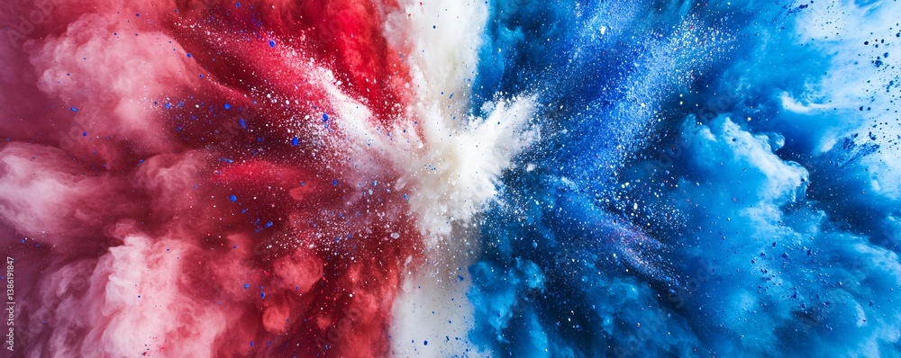 Poster red white and blue powder exploding creating abstract shapes