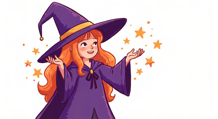 Whimsical Illustration of a Little Witch Casting a Spell with a Magic Wand, Surrounded by Sparkles and Magical Elements in a Fantasy Halloween Scene