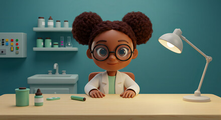 3D Illustration of a Dark-Skinned Girl with Pigtails Sitting at a Desk in an Office, Wearing a Lab Coat and Preparing to Study or Conduct Research