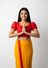 Sri Lankan Avurudu Girl in Traditional Redda Hatte Red Outfit Ayubowan Pose