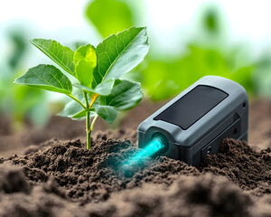 high tech soil tester with voice command is analyzing soil for plant growth. This innovative device helps ensure optimal conditions for healthy plants