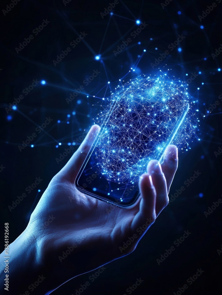 Poster g-powered smartphone iot connection - a hand holds a smartphone displaying a glowing network, symbol