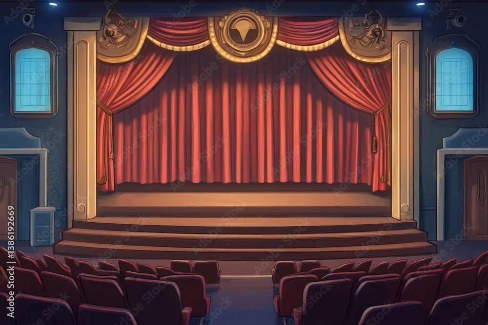 Aufkleber grand theater stage backdrop - a cartoon illustration of an empty theater stage with red curtains an