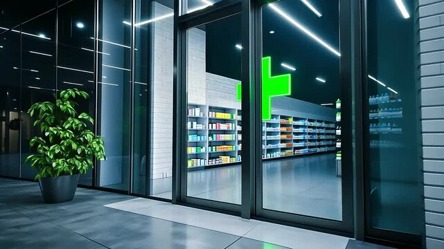 Entrance of a sleek modern building with a reflective glass facade, showcasing a white brick pharmacy with a glowing green cross sign and potted plants by the door