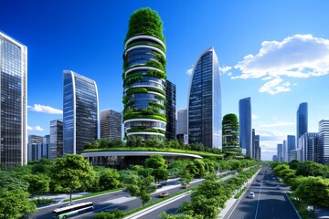 Green Urban Skyline: Eco-Friendly Cityscape - Modern city, sustainable architecture, green buildings, eco-friendly design