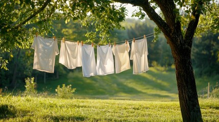Laundry hanging on a clothesline between trees, blowing in breeze, sun dappled shadows on grass