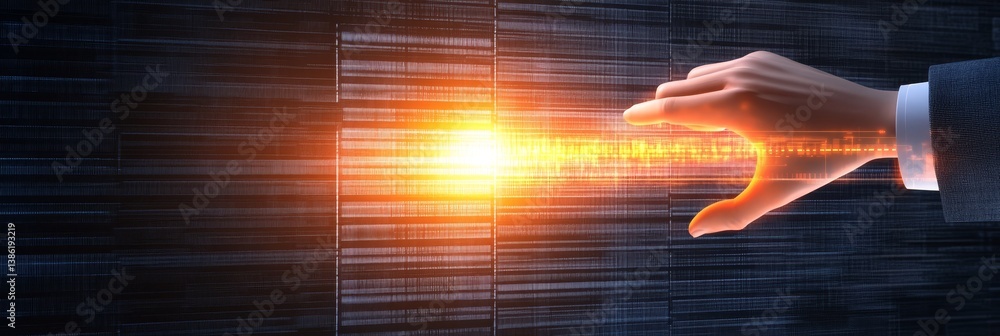 Poster hand reaching data stream - a hand reaches towards a glowing stream of data, symbolizing connection,