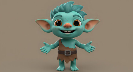 Adorable 3D cartoon goblin character with big eyes and spiky teal hair, wearing a tattered brown outfit and smiling cheerfully with open arms – fantasy creature design on dark background