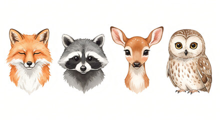 Watercolor animal collection featuring a fox, deer, raccoon, and owl in a soft hand-painted style, with forest wildlife theme and gentle natural colors