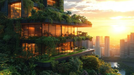 Lush vertical garden on modern building at sunset.
