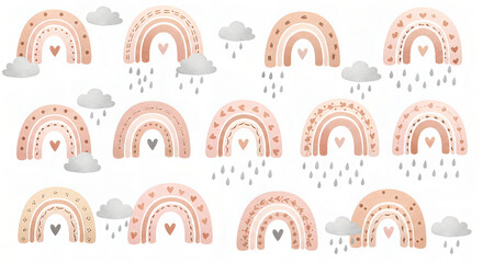 Different Pink Rainbows with Fluffy Clouds on a White Background, Soft Pastel Tones and Dreamy Atmosphere, Ideal for Fantasy and Decorative Art