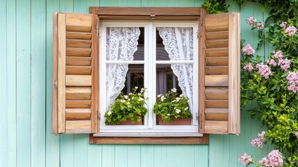 Obraz premium Vintage wooden window with open painted shutters, white lace curtain inside, floral bush outside