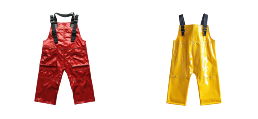 Red and yellow waterproof bib pants for outdoor activities. Set png cut out