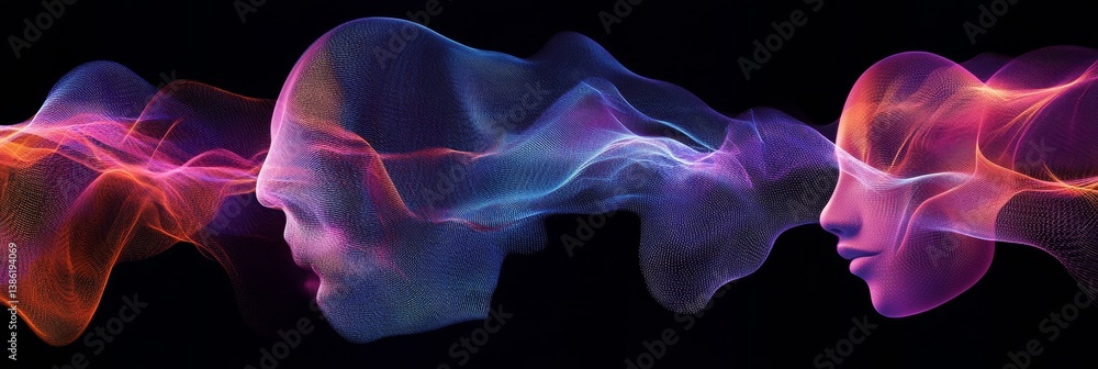 Poster interconnected mindscape - abstract of three luminous heads connected by flowing energy, symbolizing