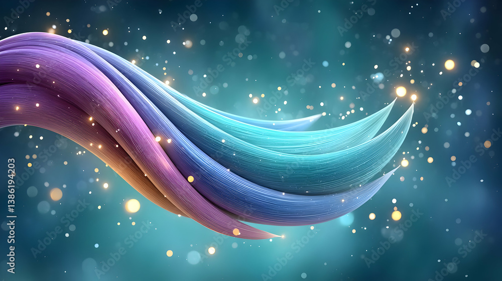 Poster glowing 3d particles with colorful waves in high-quality render