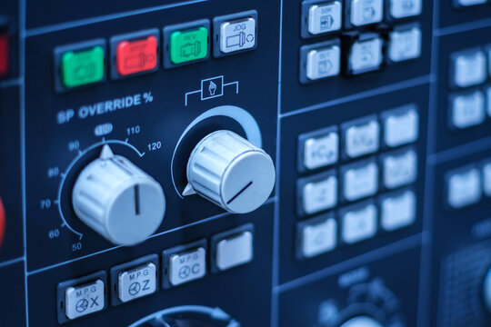Control panel of old CNC milling machine. Detailed close-up of an industrial control panel featuring various buttons and displays. Selective focus.
