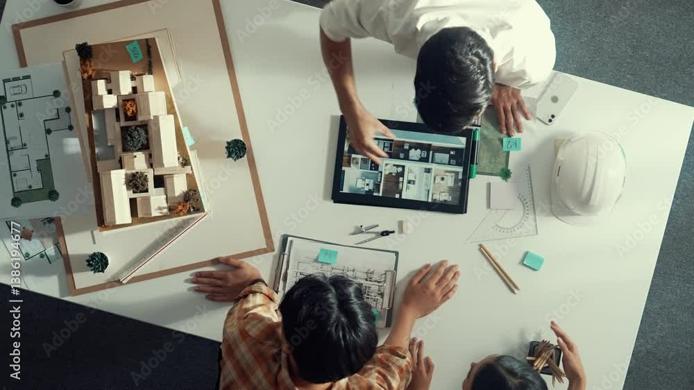 Poster top view of architect engineer working together and shaking hand cooperative team while making contr