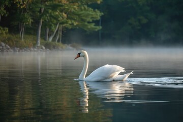 Fototapeta premium A serene swan gliding gracefully on a tranquil lake at dawn, elegance and peace