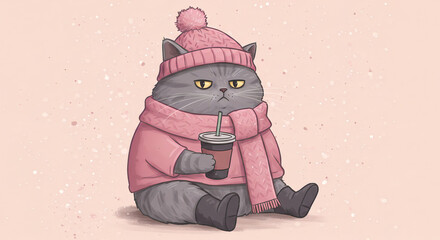 Adorable cat wearing a pink beanie and holding a takeaway coffee cup, cozy and stylish animal character illustration with warm urban vibes