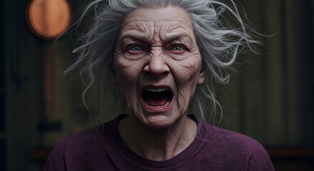 Terrifying scene of an old woman screaming, captured in a horror movie style, with dramatic lighting and intense expression, evoking fear and suspense
