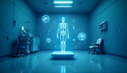 Medical Hologram Displaying Human Anatomy in Futuristic Blue Examination Room