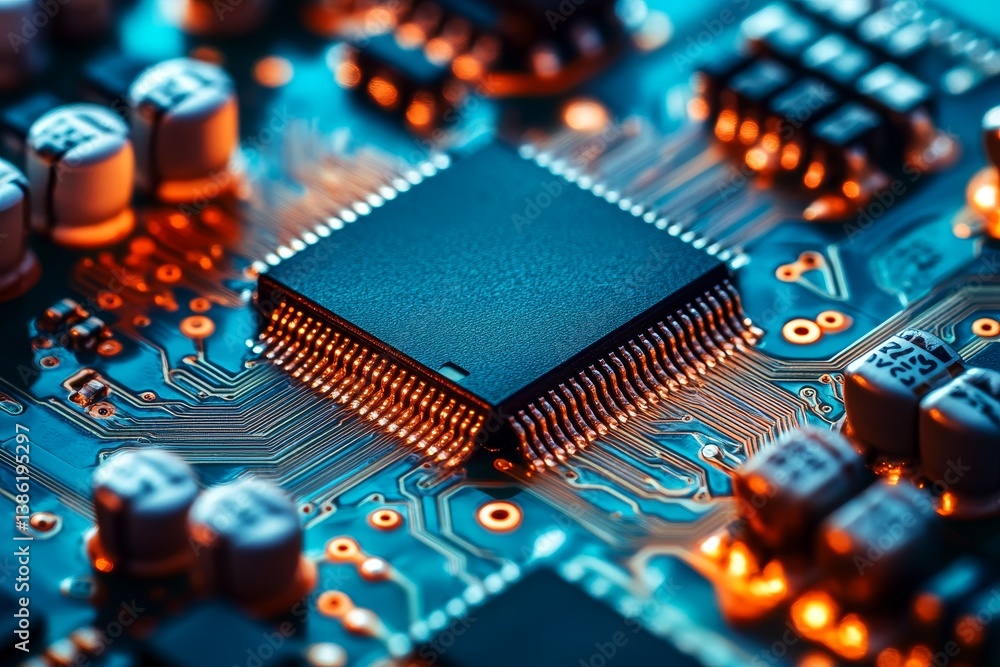 Poster microchip close-up: circuit board technology - high-tech microchip on circuit board, symbolizing inn