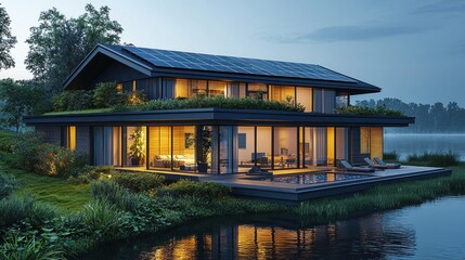 Fototapeta premium Modern eco-friendly house with solar panels, green roof, and pool at dusk.