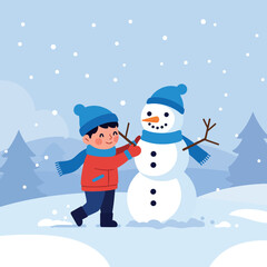 A cheerful boy building a snowman in a winter landscape with flat vector art