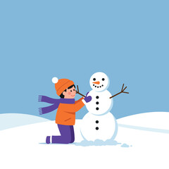 Child building a snowman in a snowy landscape with flat vector art
