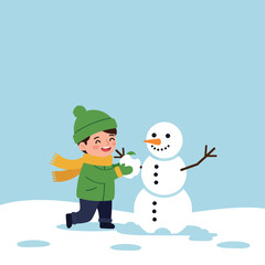 A cheerful boy in a green jacket and hat building a snowman in minimal vector art