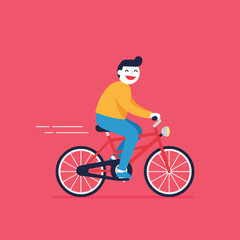 Obraz premium A happy young man riding a red bicycle with a cheerful expression in flat vector art