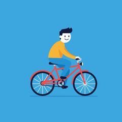 Fototapeta premium Cheerful young man riding a red bicycle in a flat style vector illustration