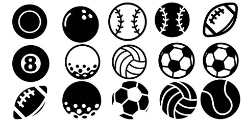 15 Sports Ball Icon Illustrations - Football, Soccer, Volleyball, Tennis, Baseball and More in Black and White 