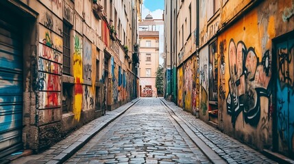 Fototapeta premium Charming European alleyway adorned with vibrant street art and cobblestone