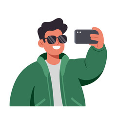 Young man taking a selfie in a green jacket wearing sunglasses flat vector art