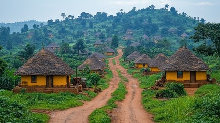 Rural African village nestled in lush green hills.