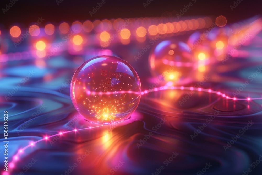 Poster abstract visualization showcasing qubits in superposition with glowing spheres and entangled connect