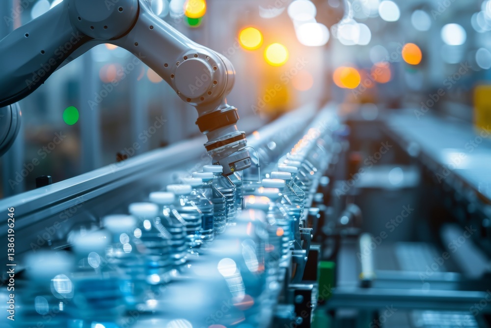 Poster robotic arm demonstrates rapid precision in sorting items for warehouse fulfillment during daytime o