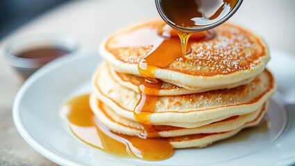 Delicious Stacked Pancakes Drizzled with Maple Syrup, Perfect Dessert