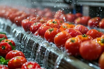 Automated machinery washing and sorting fresh produce for optimal cleanliness and efficiency in food processing facility