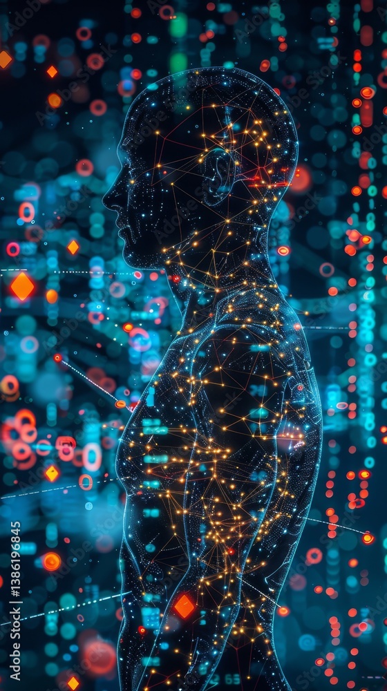 Poster Human silhouette visualizes continuous health monitoring with glowing sensor points and data streams connected to health icons