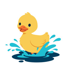 Cute yellow duckling splashing in water with joyful expression in flat vector art
