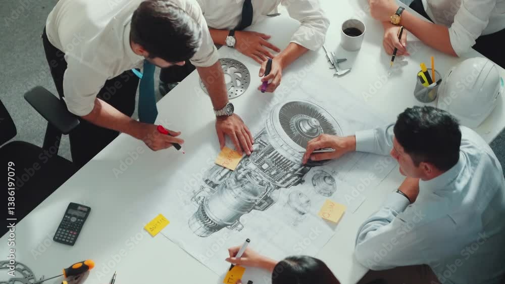 Poster top view of professional engineer showing and talking about turbine engine design. aerial view of sk