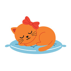 Orange cat with a red bow sleeping on a blue pillow in a flat vector illustration