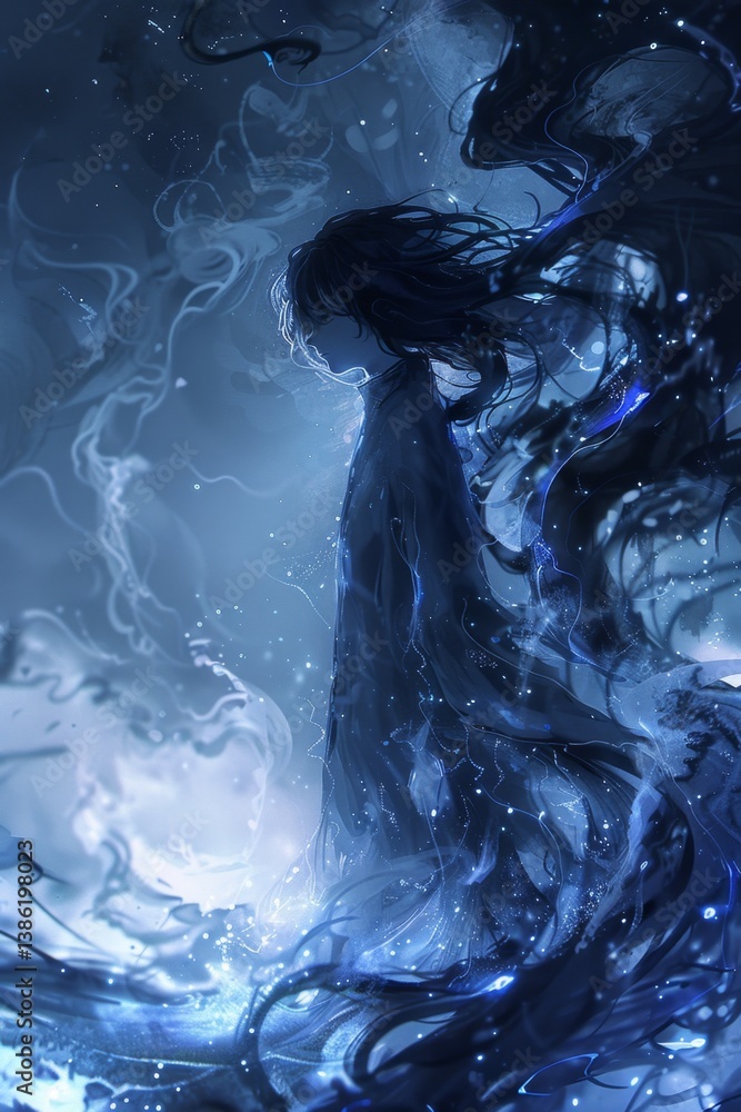 Poster dark ink swirls in water creating abstract forms and moody contrasts with ethereal presence