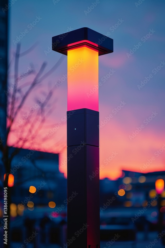 Poster close-up of a smart lamppost with multiple sensors in an urban environment during twilight