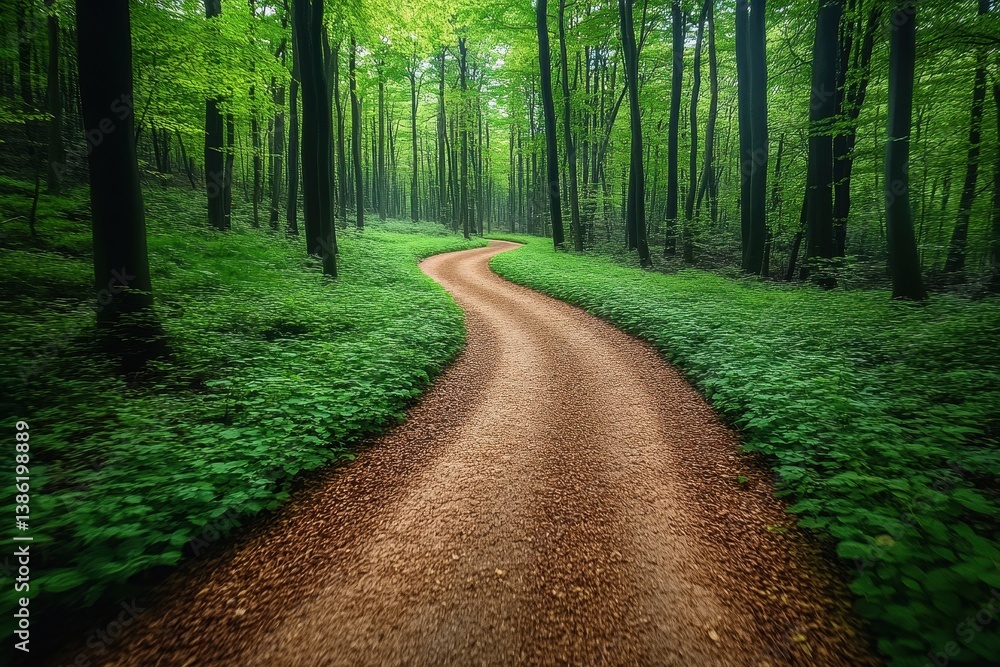 Poster peaceful forest path winding through tall trees in early autumn with fallen leaves and vibrant green